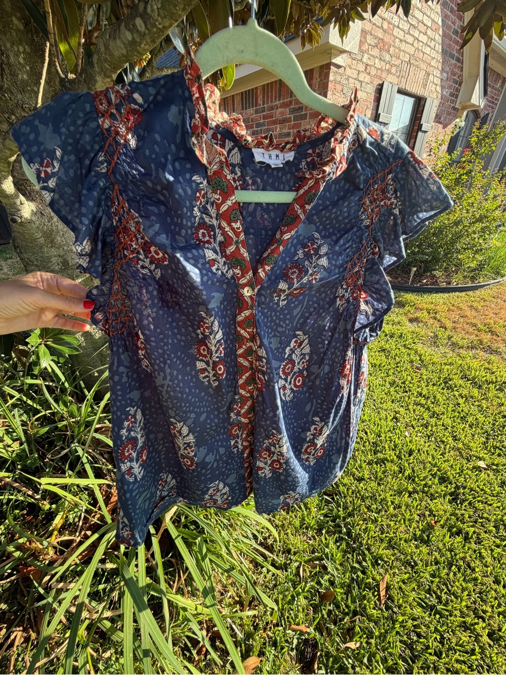 THML Blue Floral 100% Cotton Boho Ruffle Sleeve Blouse Top M - Picture 14 of 16